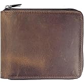 Texan Bull RFID Blocking Bifold Cowhide Leather Wallets For Men With Zipper Security | Safe Metal Zip Chain 9 Card-ID Slim Minimalist Mens Wallet (Hunter Brown)