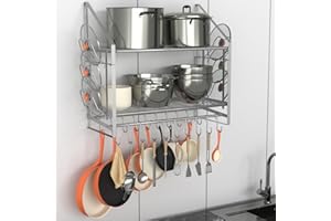 VyGrow 28 Inch Pot Rack Wall Mounted, 2 Tier Pots and Pans Organizer with 20 Hooks and 6 Pot Lid Holders, Heavy Duty Steel Po