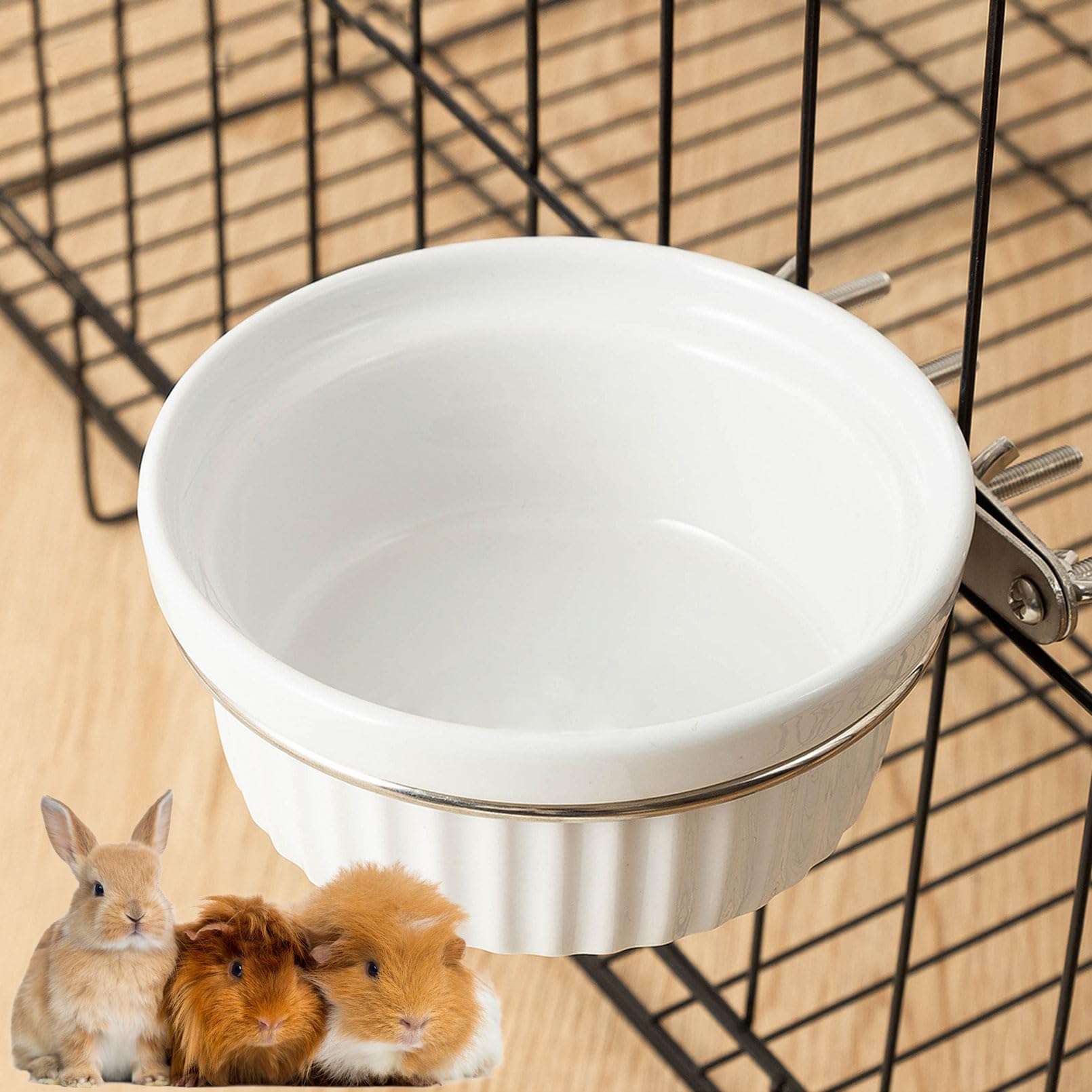 Photo 1 of RMNHPTK Rabbit Feeding Bowl, Thick Ceramic Bowl with Stainless Steel Support Ring Removable Hanging Crate Food Water Pet Bowl for Rabbits, Guinea Pigs, Small Dogs & Cats (4.92 * 1.97”)