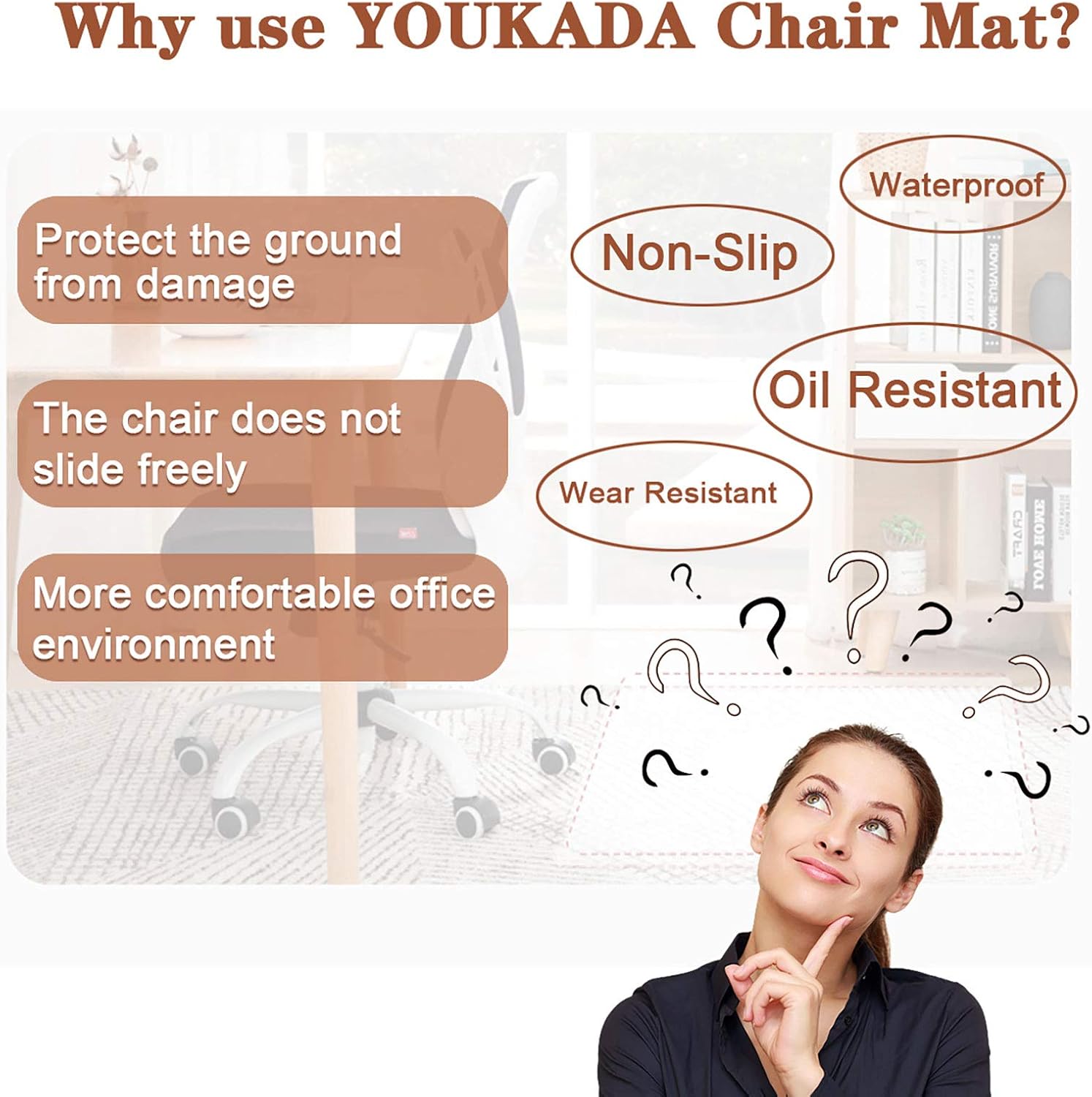 Chair-Mat-with-Lip, Desk-Chair-Mat, Chair-Mat-for-Carpet, YOUKADA Heavy Duty Chair Mat, Desk Chair Mat with Lip for All Carpets, 86 x 109 cm/34 x 43 inches : Office Products