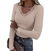 LUXVEER Long Sleeve Shirts for Women Lace V Neck Ribbed Fitted T-Shirt Dressy Business Casual Blouses 2026 Trendy Fall Tops
