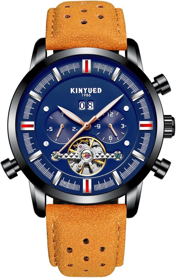 Women's Wrist Watch - Blue Tourbillon Dial - Automatic Mechanical - Luminous Waterproof Leather Strap