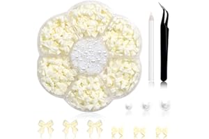 RODAKY 300Pcs Bow Charms and Flatback Pearls - Beige Bowknot 3D Cute Nail Supplies for Acrylic Design, 3-5mm White Half Pearls for Jewelry DIY Crafts Art Decoration Accessories