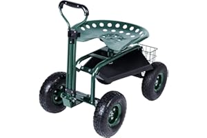 Endynino Rolling Garden Cart Wagon Scooter Lawn Yard Patio Work Seat Gardening Stool Cart with Extendable Steer Handle and Storage Basket, Adjustable 360° Swivel Seat Outdoor, Green