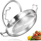 Inqibee 14 Inch Tri-Ply Stainless Steel Paella Pan with Lid,Large Skillet,Omelet,Griddle,Induction Cooking Pan,Dishwasher and Oven Safe.