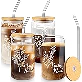Layhit 4 Pcs Bridesmaid Gifts Bridesmaid Proposal Gifts 16 Oz Cute Can Shaped Drinking Glasses with Bamboo Lids and Glass Straw Iced Coffee Cup Mason Jar Cups for Engagement Wedding Bridal