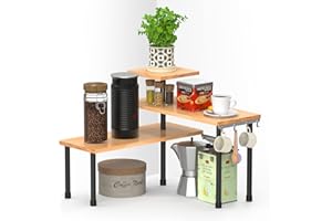 Ollieroo Kitchen Counter Shelf Organizer, 3 Tier Corner Shelf Bamboo Bathroom Countertop Organizer with Hooks, Space Saving Makeup Organizer Spice Rack Corner Plant Shelf