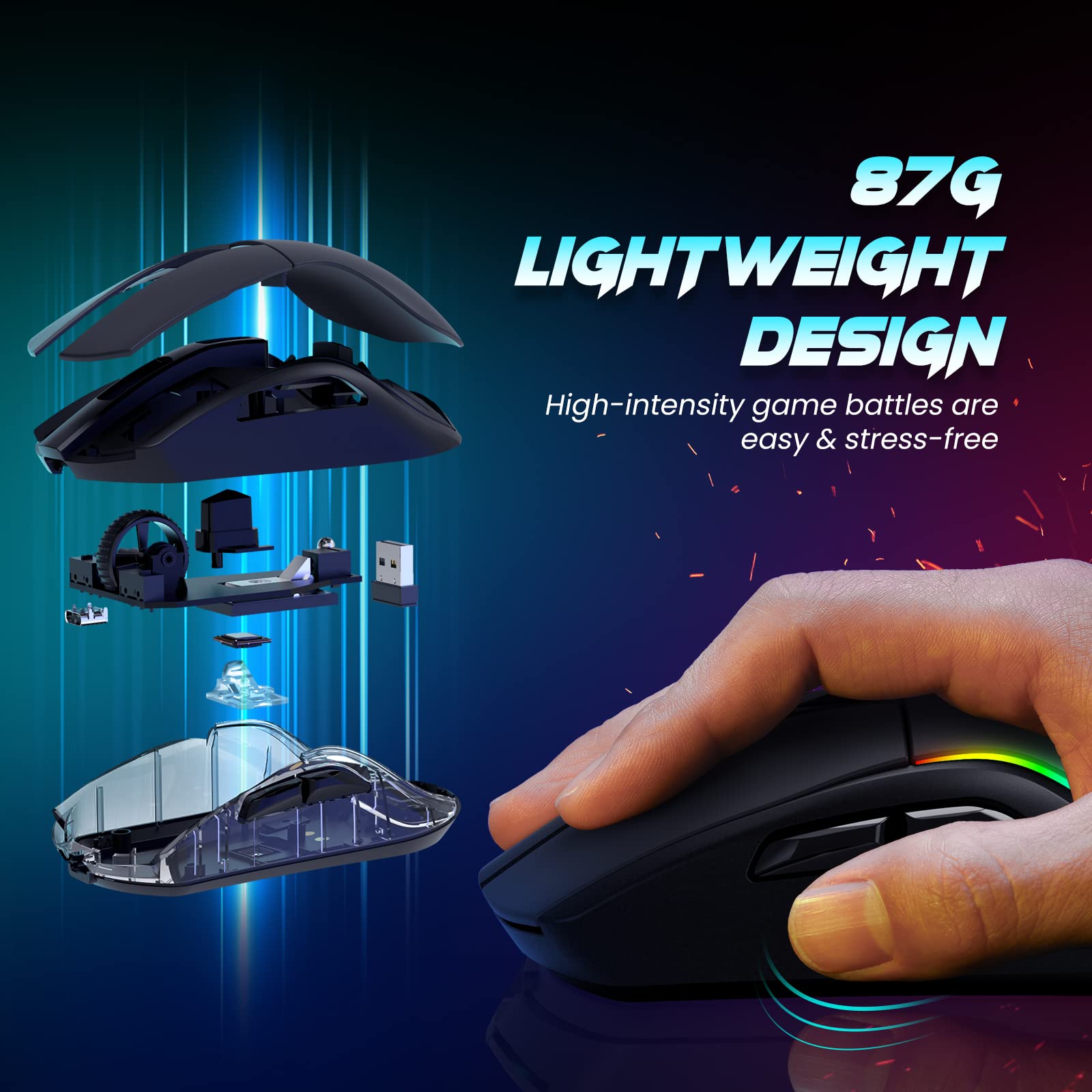 RisoPhy Lightweight Wireless Gaming Mouse, 20000 DPI Wired/Wireless Mouse with RGB Charging Dock, 6 Programmable Buttons, RGB Bluetooth Mouse for PC/Mac/Laptop Gamer-Black