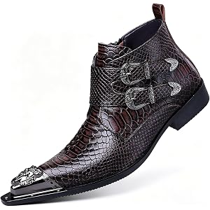 ZUYIYIA Men's Chunky High Heel Chelsea Boots Classic Leather Printed Silver Cap Toe Block Heels High Top Dress Oxford Shoes F