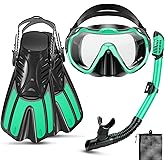 CTSAYTL Snorkeling Gear for Kids Adults, 4 in 1 Travel Mask Fins Snorkel Set with Panoramic View Anti Fog Mask, Dry Top Snorkel, Trek Fins and Travel Bag, Snorkel Gear for Swimming Diving Snorkeling