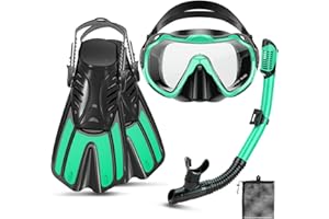CTSAYTL Snorkeling Gear for Adults, 4 in 1 Travel Size Mask Fins Snorkel Set with Panoramic View Anti Fog Mask, Dry Top Snorkel, Trek Fins and Travel Bag, Snorkel Gear for Swimming Diving Snorkeling