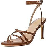 RIBONGZ Strappy Stiletto Kitten Heels Ankle Strap Sexy Heeled Sandals for Women Square Open Toe High Heels Wedding Bride Party Prom Dress Shoes
