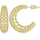 Hoop Earrings 14K Gold Earrings for Women’s Hoop Earring Crescent Mesh Hollow Hoops Earring Push Back Thick Gold Hoops