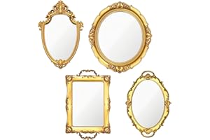 4 PCS Vintage Gold Mirror Set Vintage Mirrors for Wall Antique Shield Shape Square Oval Decorative Mirror Jewelry Dresser Org