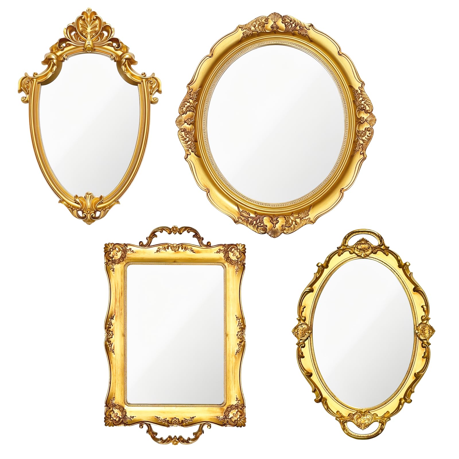 View 1 of 4 PCS Vintage Gold Mirror Set Vintage Mirrors for Wall Antique Shield Shape Square Oval Decorative Mirror Jewelry Dresser Organizer Tray for Living Room Bedroom Wedding Desktop Photography Decoration