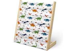 wooshwa Kids Bookshelf 5 Tier Wooden Toy and Book Storage Organizer 3 Pockets Toddler Sling Book Rack with Deep Sleeves for Boys Playroom Nursery Bedroom (Colorful Dinosaur)