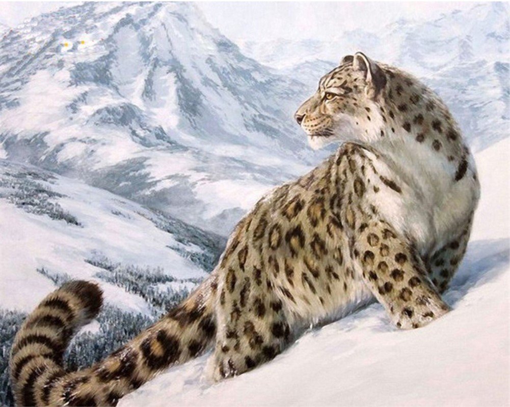 DIY Fabric Decorating Kits, ABEUTY Paint by Numbers Snow Mountain Leopard 16x20 inches Number Painting Wall Art