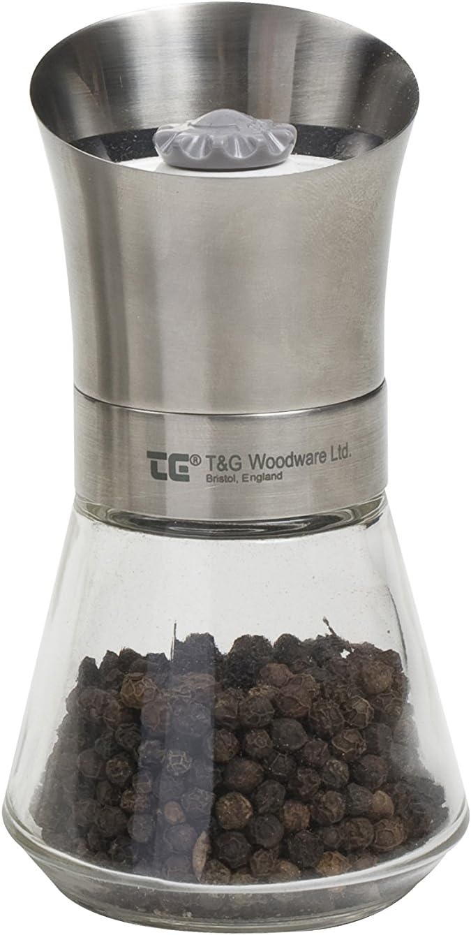 T&G CrushGrind Tip Top Stainless Steel Pepper Mill with Glass Base, 12.