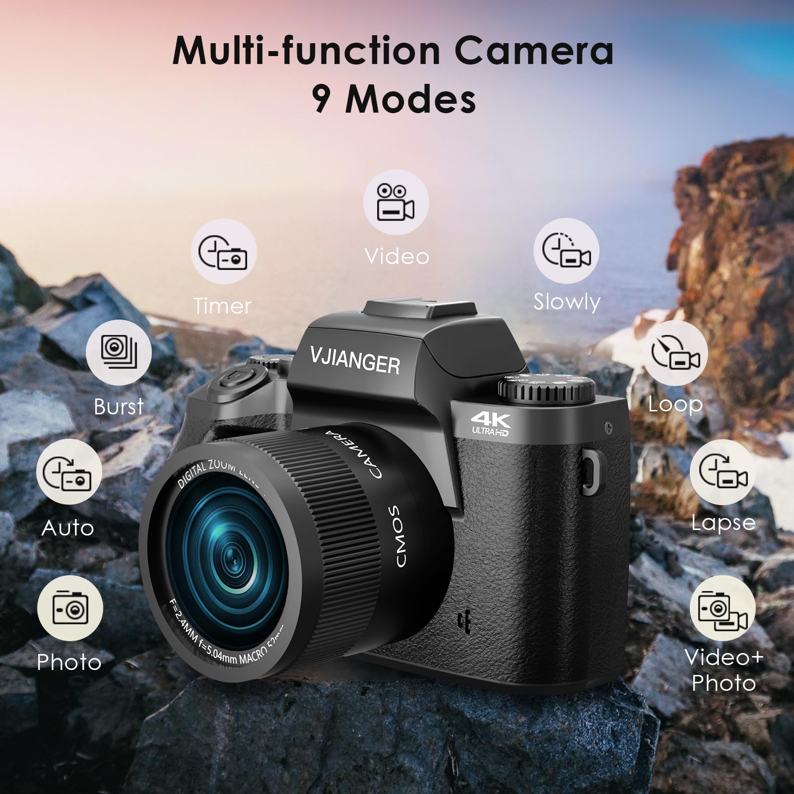 VJIANGER 2024 Upgrade 4K Digital Camera for Photography with 32GB SD Card, 64MP Vlogging Cmaera for YouTube with Front and Rear Camera, Case, WiFi, 3000mAh Battery, 4.0