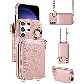 Furiet Wallet Case for Samsung Galaxy S25 Ultra 5G Shoulder Strap Ring Buckle, Luxury PU Leather Zipper Flip Organ Purse, Credit Card Holder Stand Phone Cover for S25Ultra 25S S 25 25Ultra Rose Gold