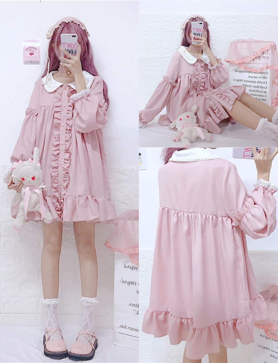 Amazon Co Jp Lady Oliver ワンピース レディース 長袖 ピンク ロリータ 襟 フリル ゆったり ガーリー ゆめかわいい L 服 ファッション小物