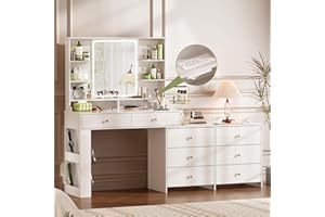 YYJ 74.8''Makeup Vanity Desk with Large Mirror and Lights&Charging Station,Modern Corner Vanity Table with 8 Storage Drawers and Shelves,Makeup Table for Bedroom,Dressing Table with nightstand,White