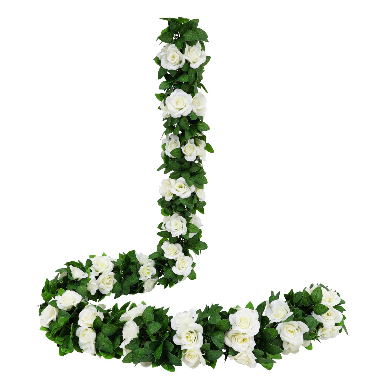 JUSTOYOU 2PCS 7.3FT Artificial White Rose Garland Vines Hanging Silk Flowers Artificial Flower Fake Garlands for Outdoor Indoor Wedding Wall Garden Badroom Decoration（White）