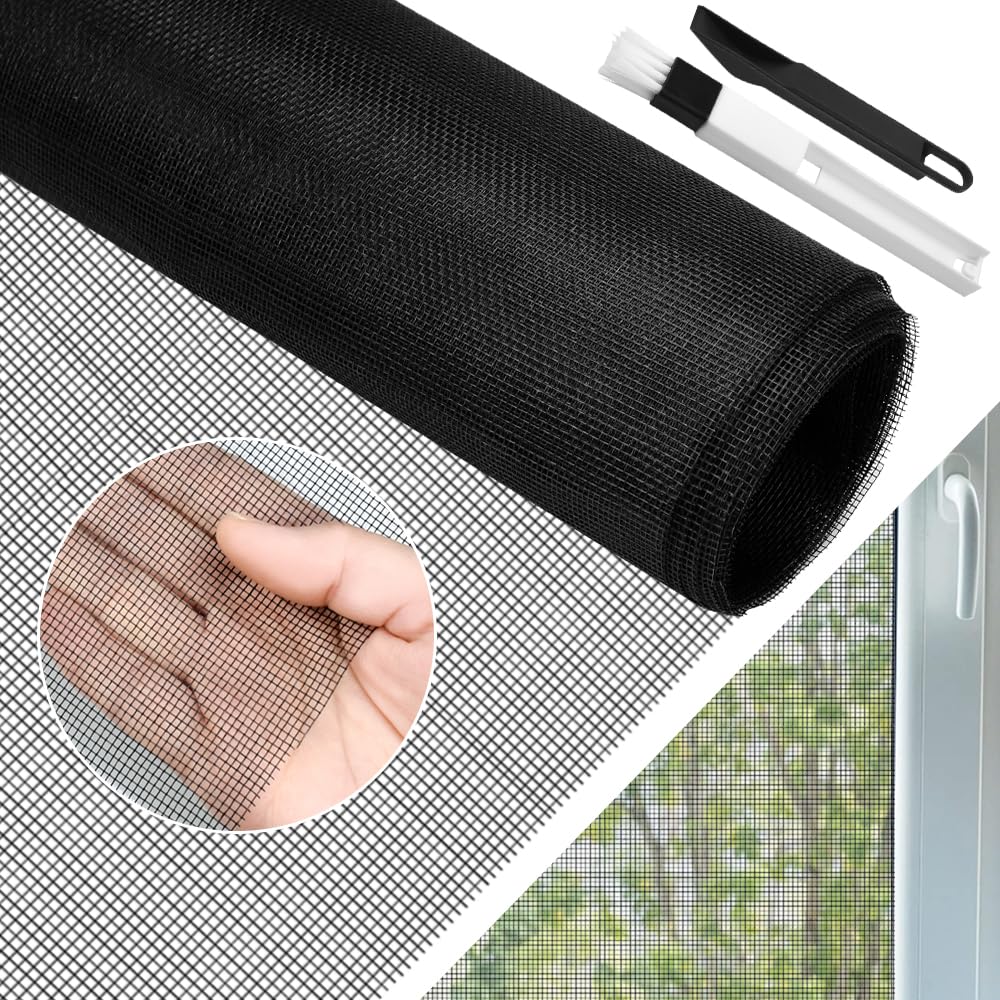 BUZIFU Window Screen Mesh 90 x 500cm Fiberglass Screen Fly Screen Wire Mesh Insect Mesh Replacement Cuttable Mosquito Net Pet Screen with Cleaning Brush for Windows Doors Patio, Cat-Proof, Black