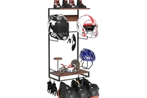 GHWMYD Motorcycle Helmet Holder Wall Mount, Rustic Helmet Rack With 4 Hat Stands and 2 Wooden Shelves, Motor Gear Accessories Storage for Men, 4 Clips, 5 Hooks for Glove Key Jacket Hanging