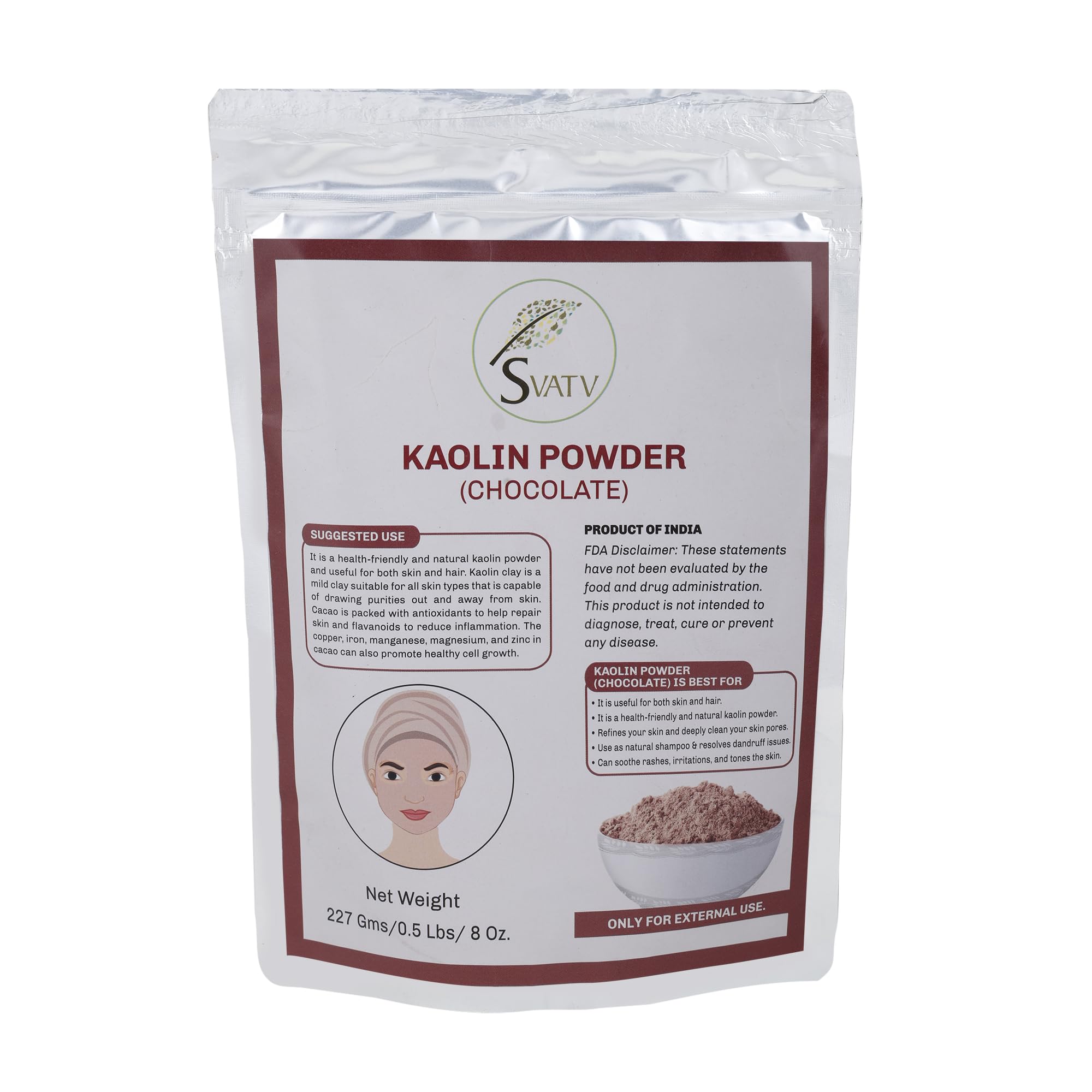 SVATV Chocolate Kaolin Powder For Face Mask Herbal Skin Face Bath Bomb Clay, Spa Mud Mask For Facial Soap Making 227 Grams, Half Pound