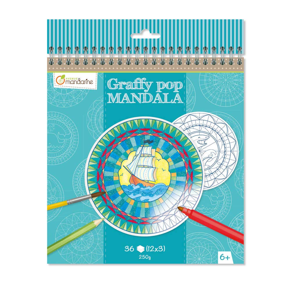 Avenue Mandarine - Ref GY028O - Graffy Pop Mandala Colouring Book - Boy Designs - Easy-to-Detach Pre-Cut Shapes, 250gsm Drawing Paper, 36 Sheets, 12 Designs, Suitable for Ages 6+