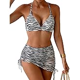 Aidonger Drawstring Bikini Sets for Women V Neck Two Piece Swimsuit Tie Back Bathing Suit Mesh Sheer Swim Skirt