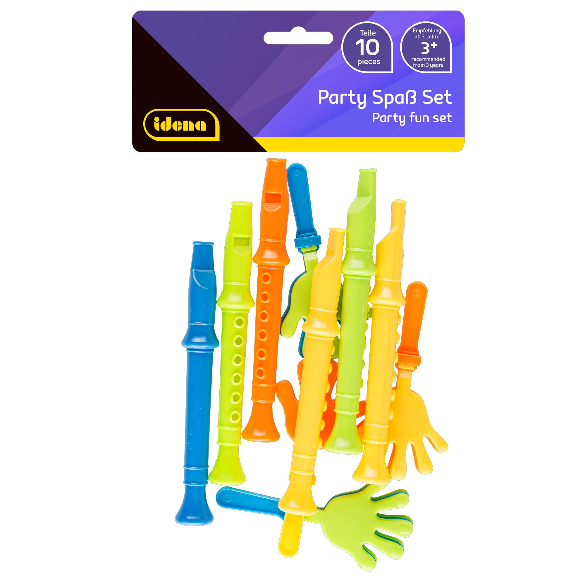 Idena 40443 Party Fun Set with 10 Items, 4 Hand clatters and 6 Flutes, in Trendy Colours, Assorted