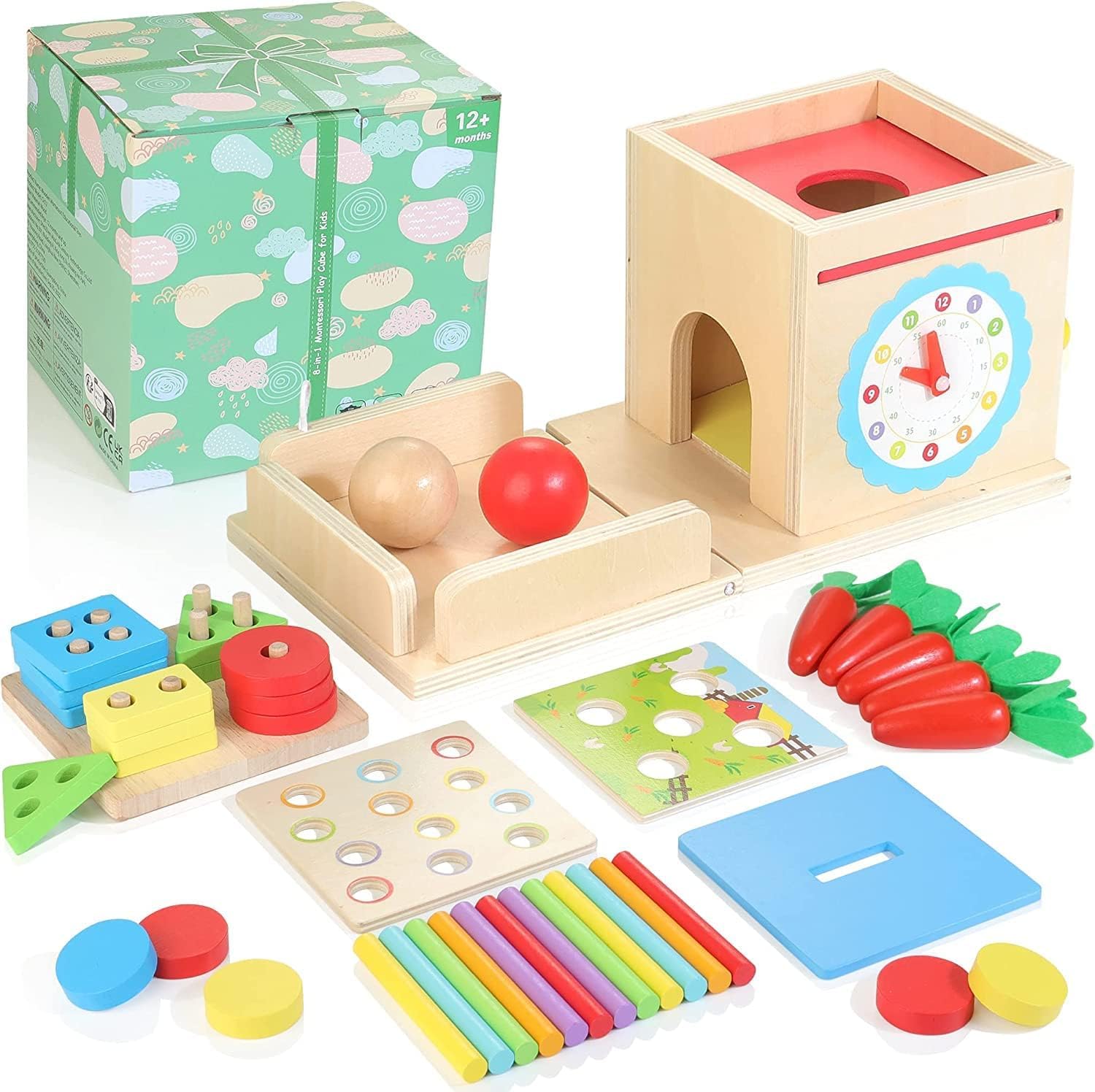 Photo 1 of Kizfarm Wooden Montessori Baby Toys, 8-in-1 Wooden Play Kit Includes Object Permanent Box, Coin Box, Carrot Harvest, Shape Sorting & Stacking - Christmas Birthday Gift for Boys Girls Toddlers