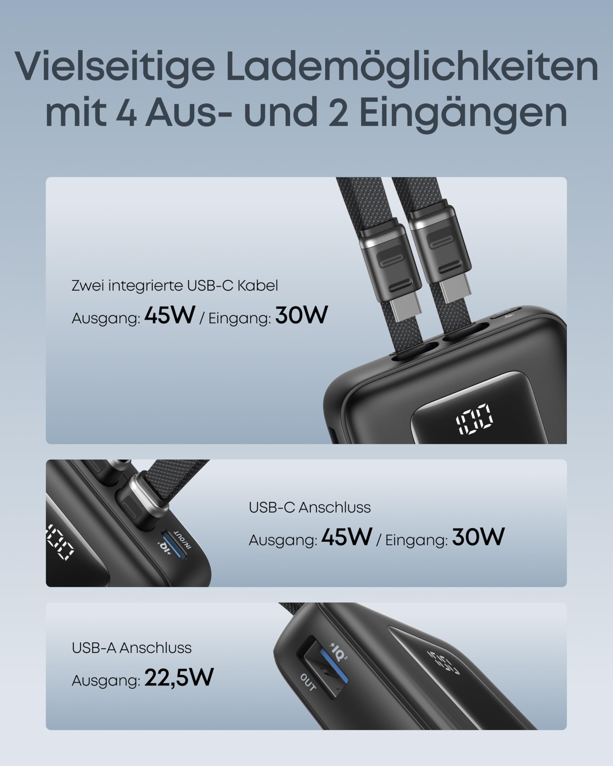Anker Zolo Powerbank 20000mAh 45W Max, 2 integrierte USB-C Kabel 6