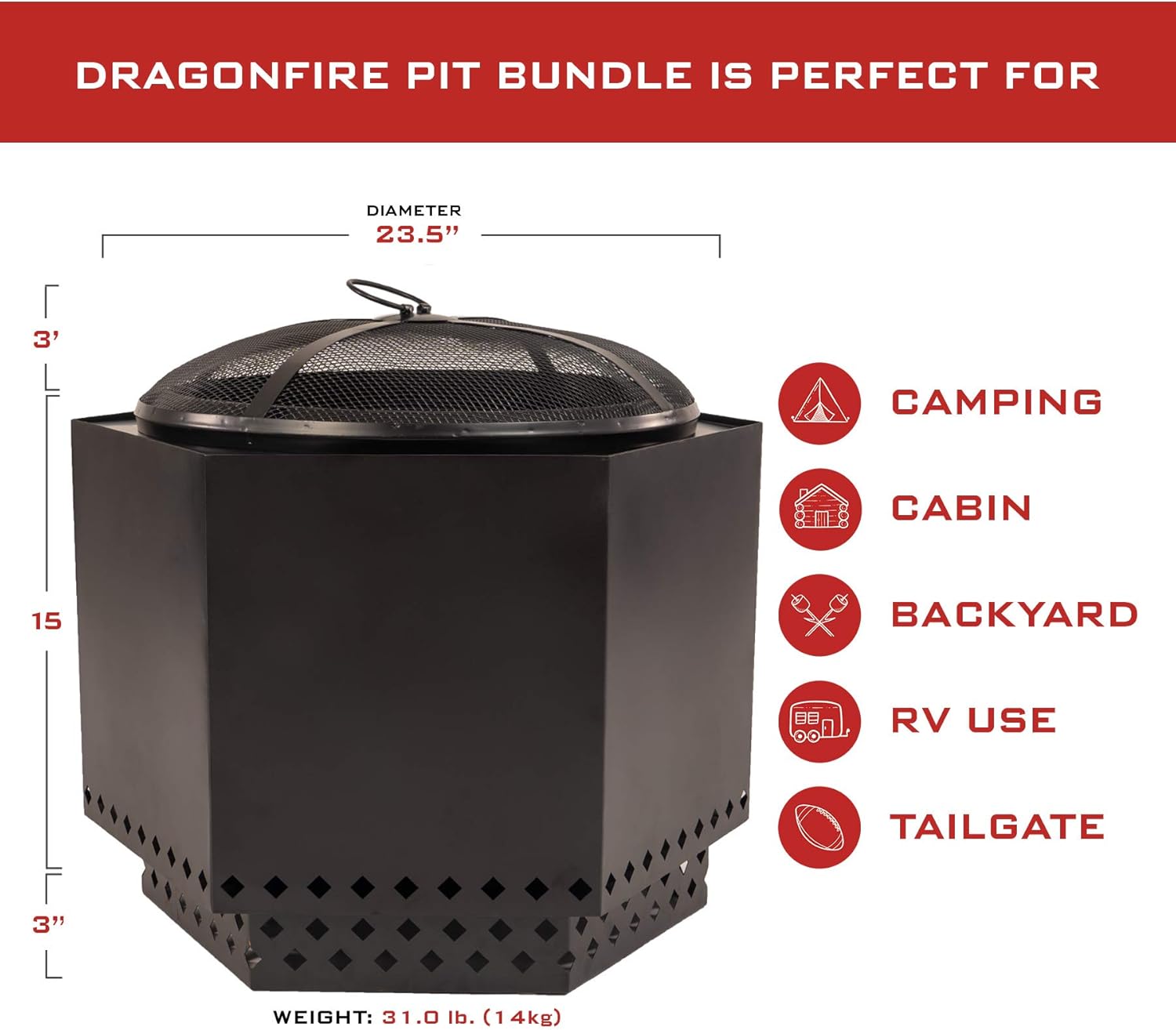Dragonfire 23.5 Inch Smokeless Wood Burning Outdoor Bonfire Fire Pit Bundle, Includes Stand, Spark Screen, & Waterproof Cover - Great for Camping, Cooking, Tailgating, and Patio, Black : Garden & Outdoor