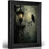 DULASI Black Framed Crow Wall Art, Horror Crow Lantern Picture, 9x11 in | Damage-Free Hook and Loop, Gothic Raven in Foggy Forest Canvas Poster Print, Dark Academia Wall Decor for Bedroom Living Room