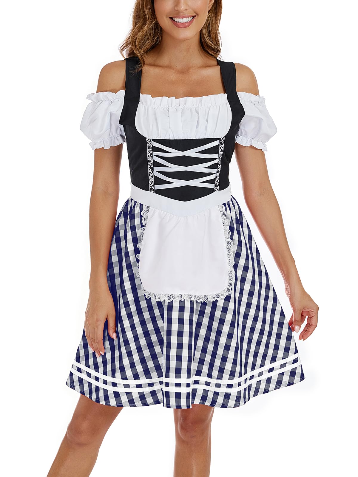 Photo 1 of IIBOOYYE German Oktoberfest Costumes Dirndl Dresses Plaid Bavarian Dress for Halloween Carnival Navy L
