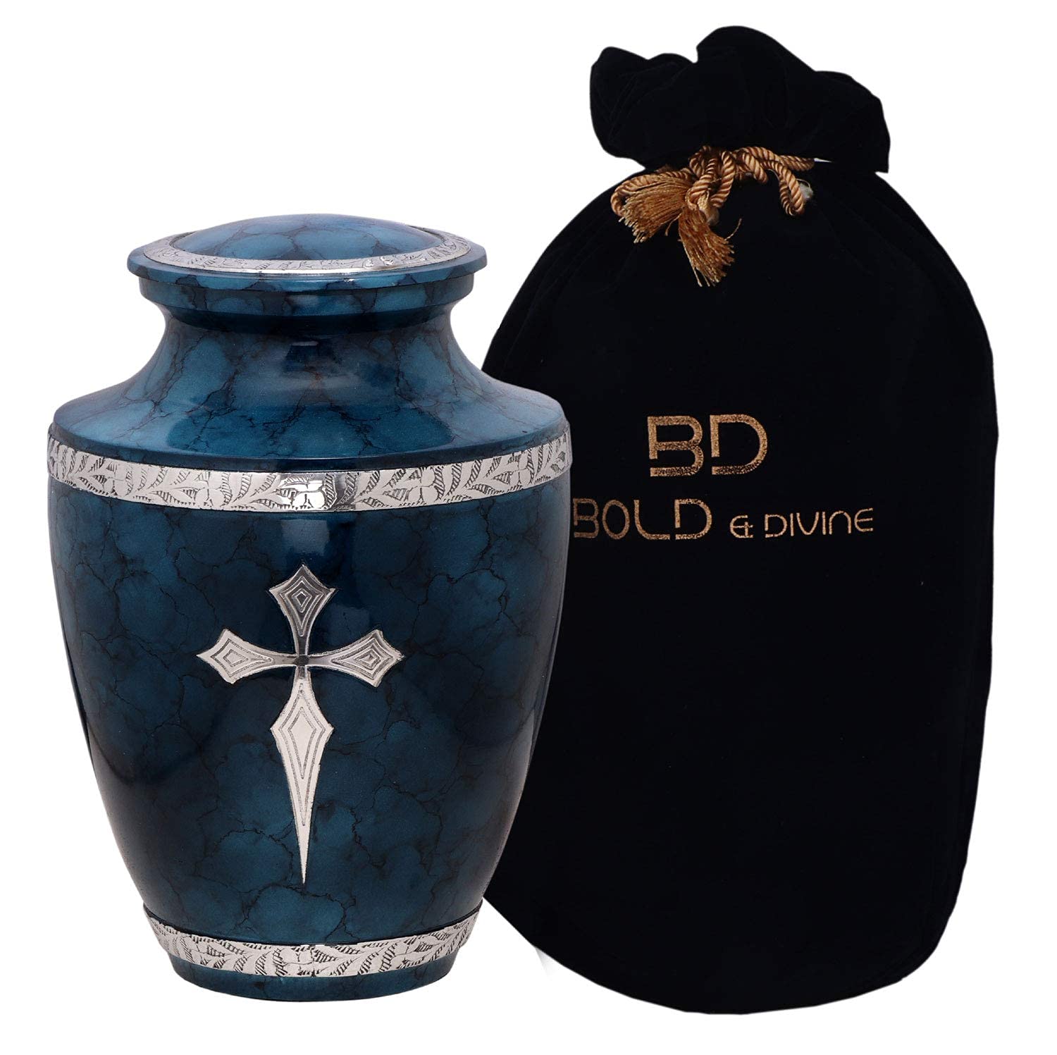 BOLD & DIVINE Elite Cross Blue Cloud Decorative Cremation Urn | Large | 200 Cubic Inches | For Human Ashes Adult Memorial, Burial, Funeral Cremation Urn with Unique Velvet Bag โ image 1