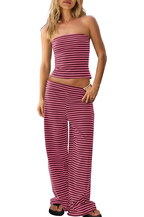 Women's Striped 2-Piece Lounge Set – Strapless Crop Top & Wide Leg Pants, Elastic Waistband