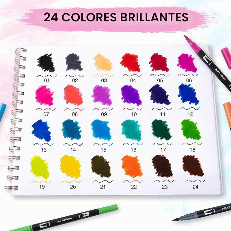 Rotuladores para colorear, punta de fieltro, 24 colores, doble punta de pincel, marcadores artísticos para niños y adultos, marcadores de punta fina para dibujar,dibujar, diseño de caligrafía, pintura