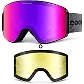 Odoland Ski Goggles with Detachable Lens, Frameless Interchangeable Lens Anti-Fog 100% UV Protection Snowboard Snow Goggles