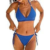 CUPSHE Women's Bikini Sets V Neck Two Piece Swimsuit Textured Crisscross Self Tie Halter Low Rise Bathing Suit