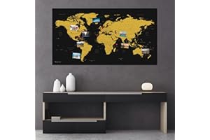 Itchy Feet World Map XXL 51 x 28 inches, Travel Pin Board with Fleece Surface in Modern Wall Art Design, 20 Flag Push Pins Included, in Gold and Black