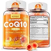 Sugar-Free CoQ10-250mg / 500mg Filled Gummies - Plus Omega-3, EPA + DHA, B3 & Zinc - Ultra Co Q-10 Supplements for Hear-t Health, Cellular Energy, Antioxidant Support, Up to 60 Day Supply, Vegan 60Cts