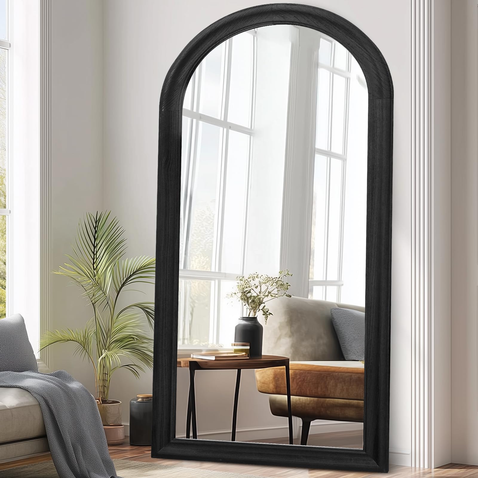 Photo 1 of ABSWHLM Arched Full Length Mirror 71"x32" - Rustic Black Solid Wood Wall Mirror, Oversized Leaning or Mounted Design for Bedroom, Entryway, Living Room Décor