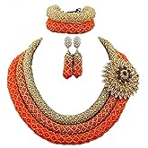 3 Rows Handmade Nigerian African Crystal Beads Jewelry Set Costume Bridal Necklace (Gold and orange)