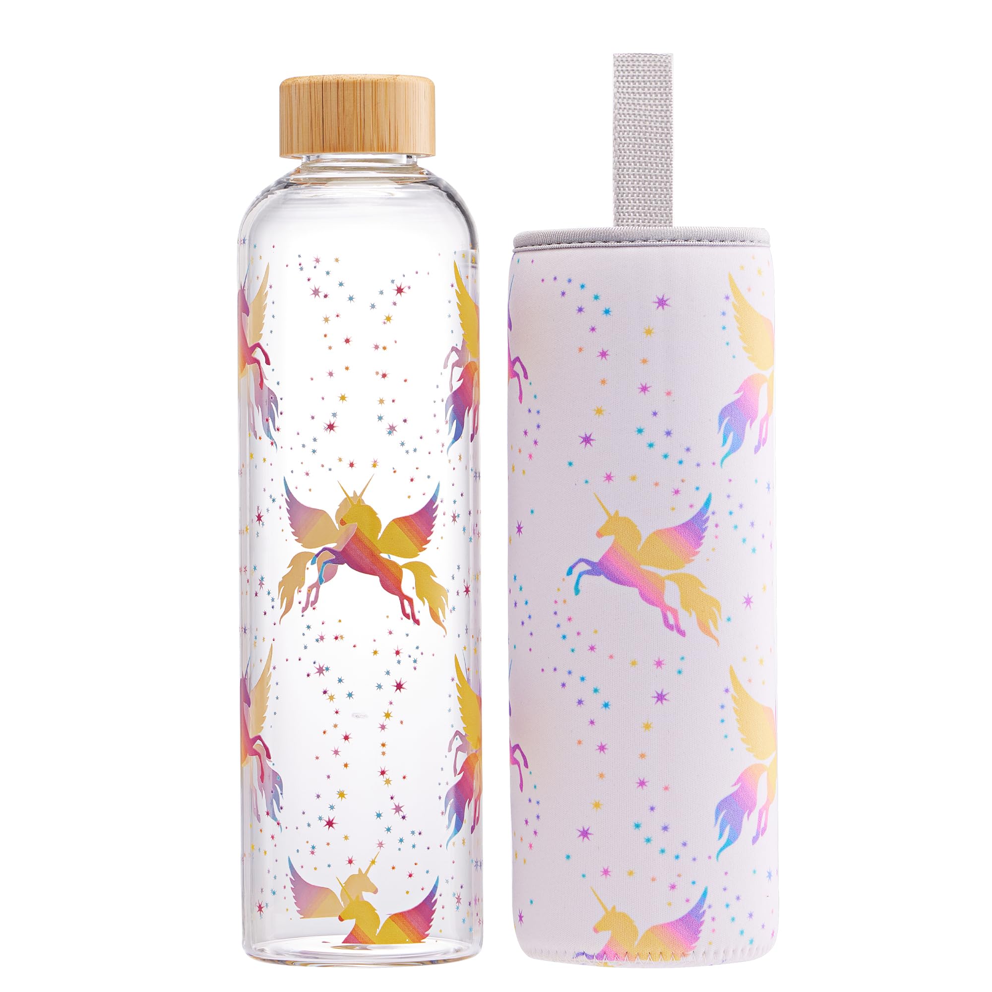 Autsel Artistic Glass Drinking Bottle 1000ml with Lid, Leak Proof Borosilicate Water Bottle with Protection Sleeve, Fine Gifts for Girls and Women