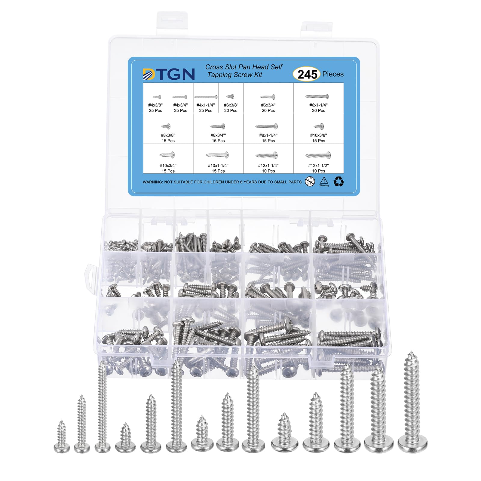 DTGN 304 Stainless Steel Pan Head Self Tapping Screws Wood Screws Assortment Kit, Round Head Sheet Metal Screws Phillips Drive Self Tapping Screws(Size:#4x3/8-#12x1-1/2-245pcs)