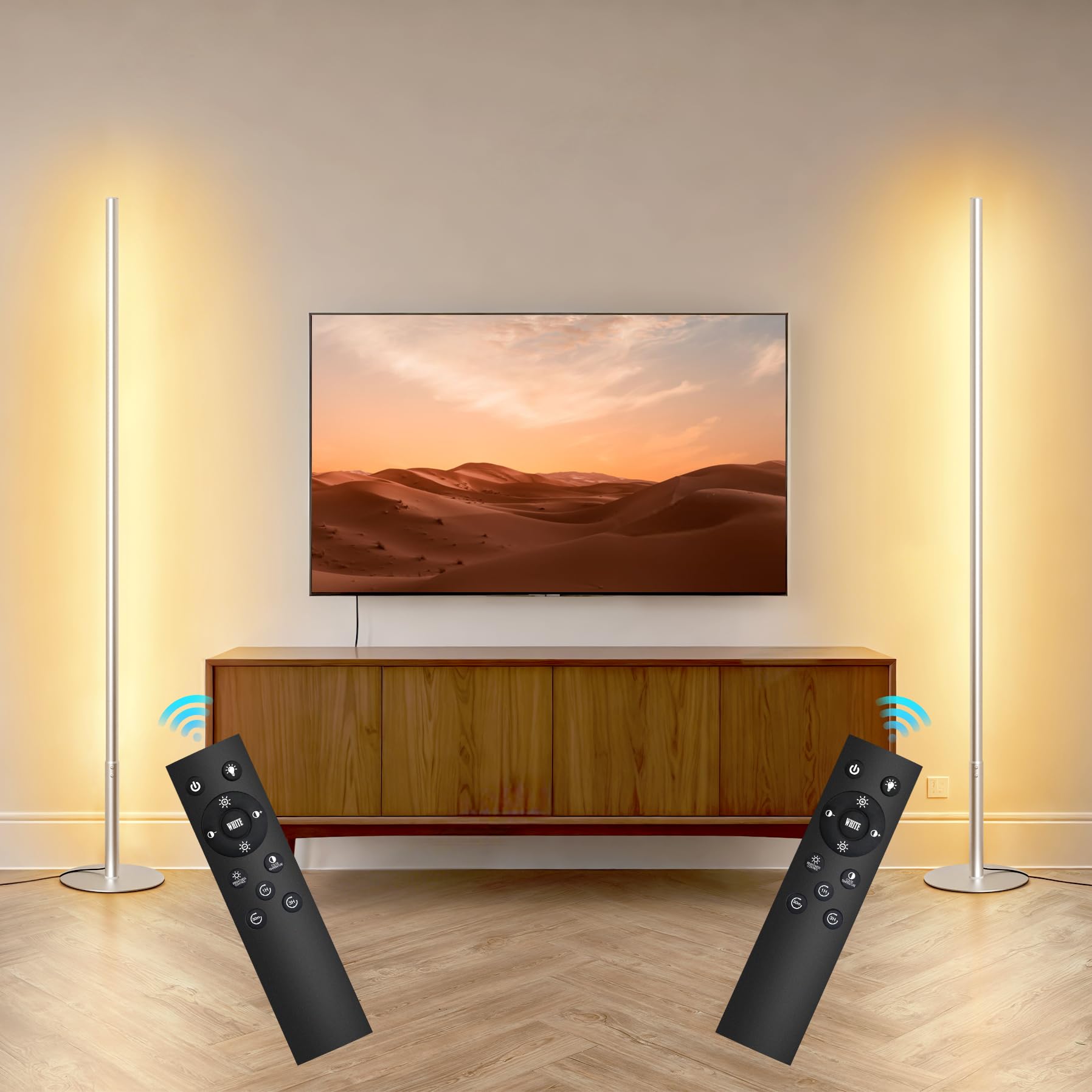 Photo 1 of Tacopet LED Corner Floor Lamp, Set of 2 Minimalist Dimmable Light with Remote, 2700-6500k Color Temperature Stepless Adjustable, 58" Tall Standing Lamp for Living Room, Bedroom, Office, Silver